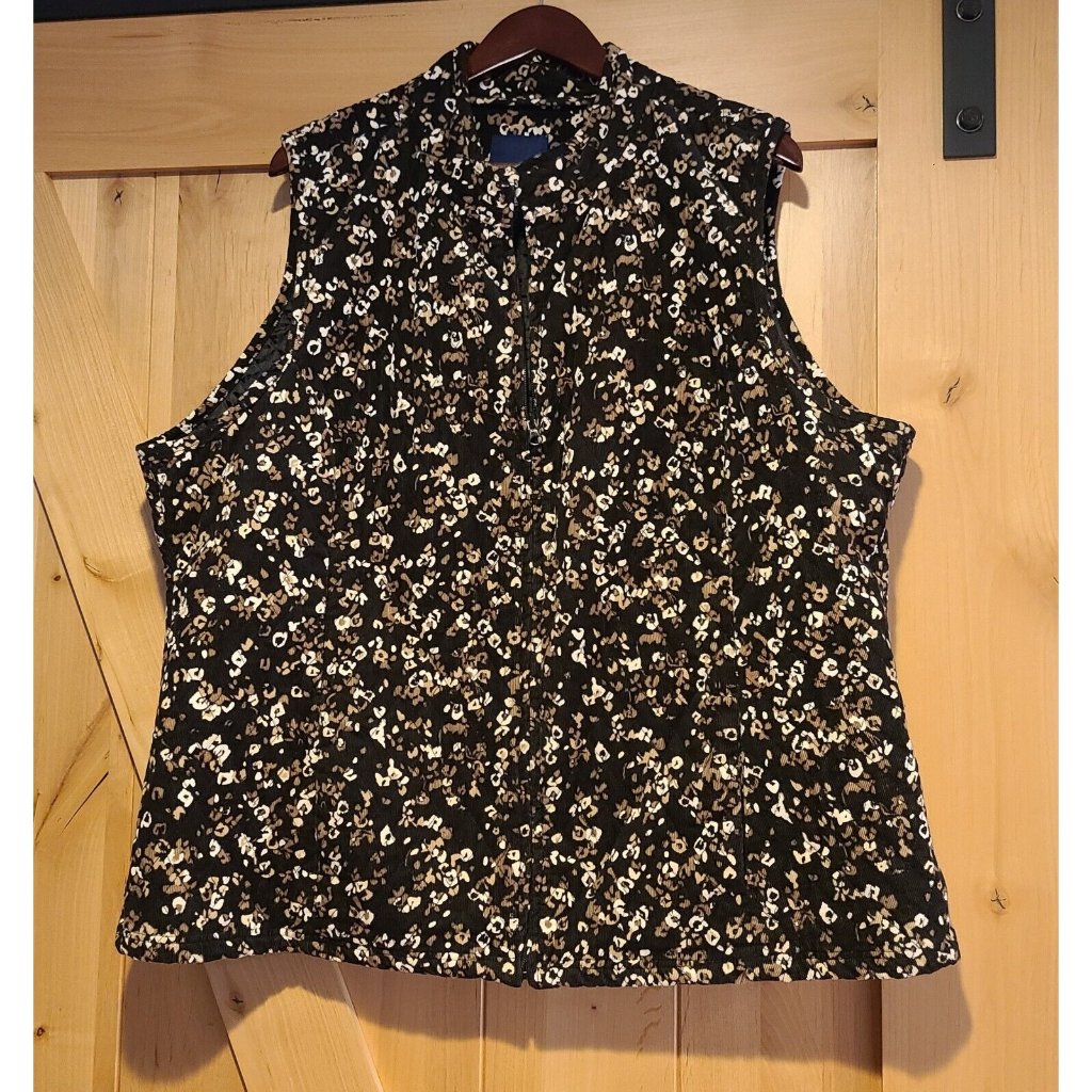 Basic Editions Women Plus 2x Black Beige Floral Full Zip Quilted Corduroy Vest